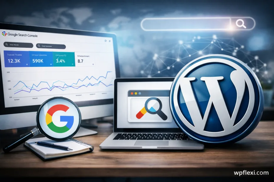 A laptop displays the Google Search Console interface with the WordPress logo nearby.