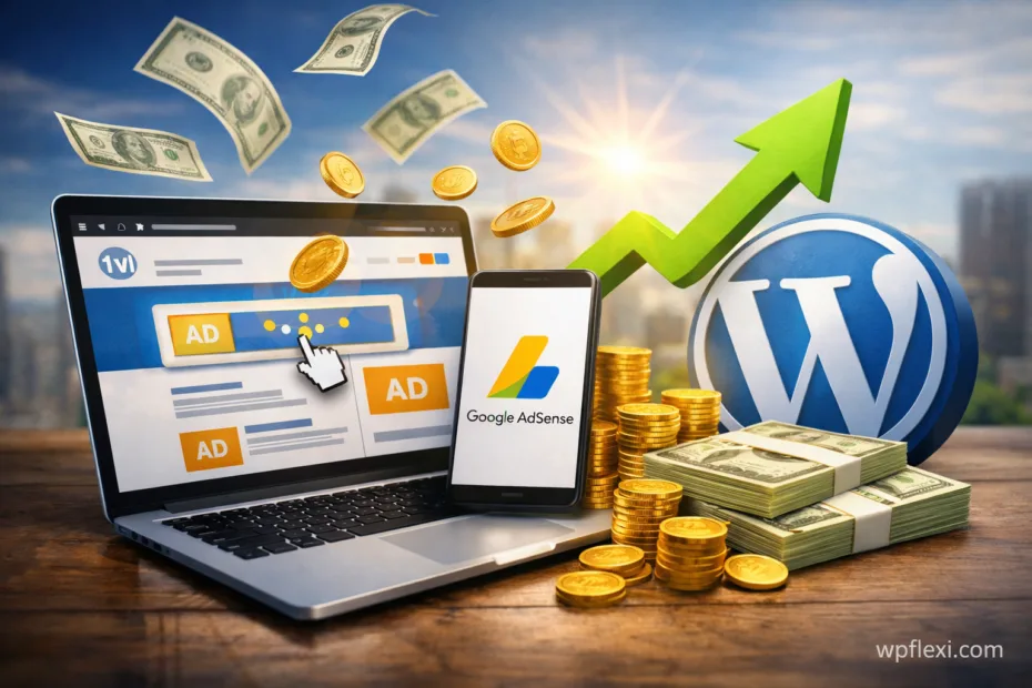 A laptop displaying Google AdSense ads with stacks of gold coins and dollar bills.