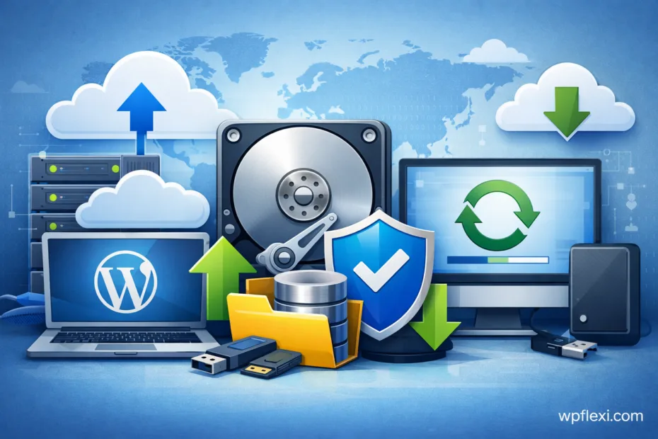 A computer screen displays a WordPress dashboard with backup icons, illustrating a backup guide.