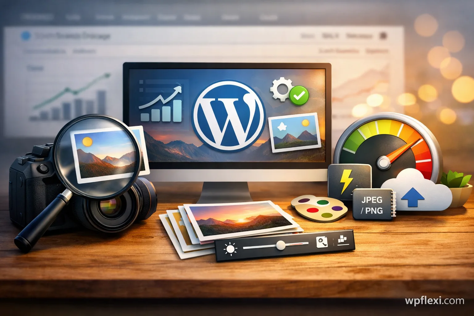 A computer screen displaying SEO charts, with a tablet and camera nearby.